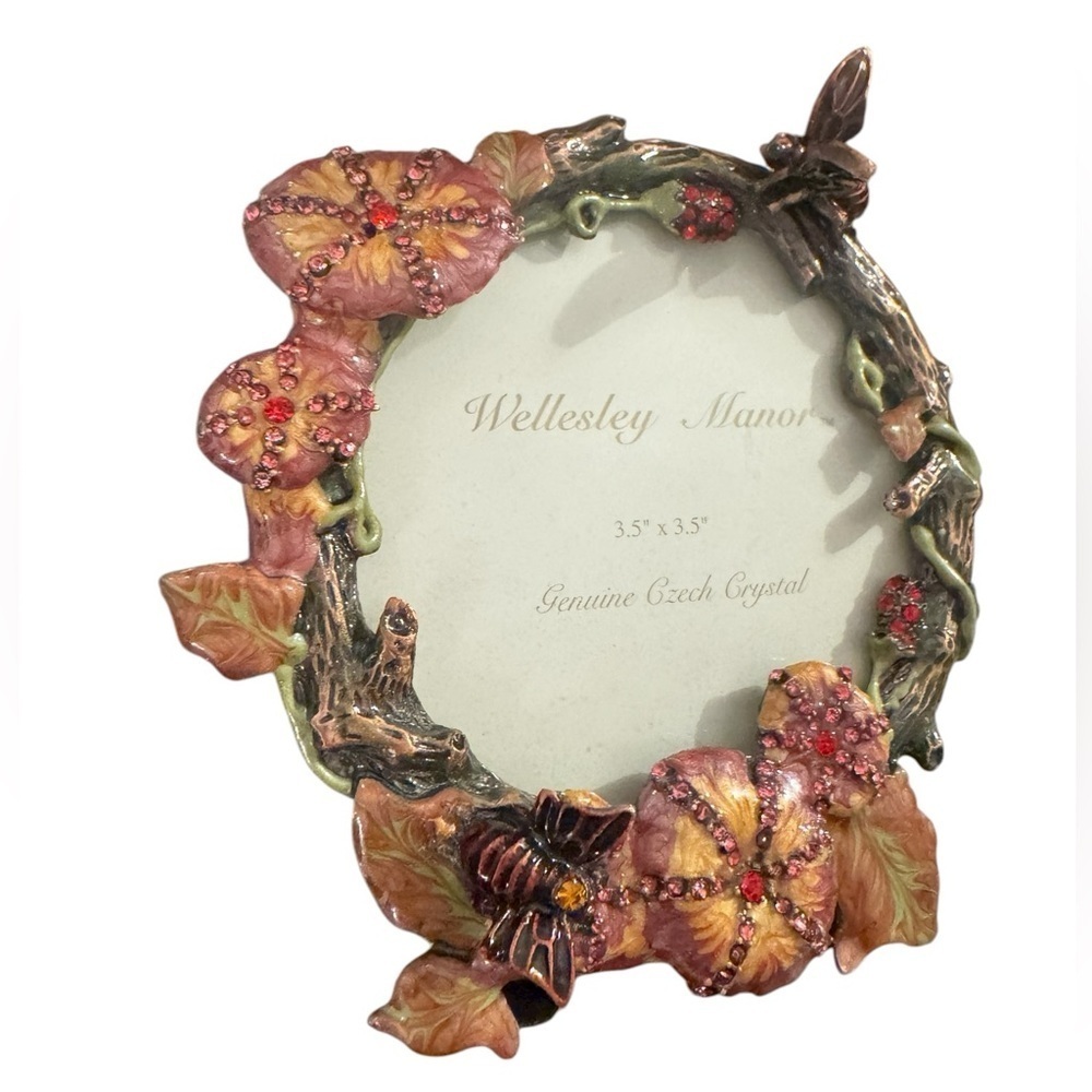 Vintage Wellesley Manor 3.5" Czech Crystal & Enamel Floral Picture Frame